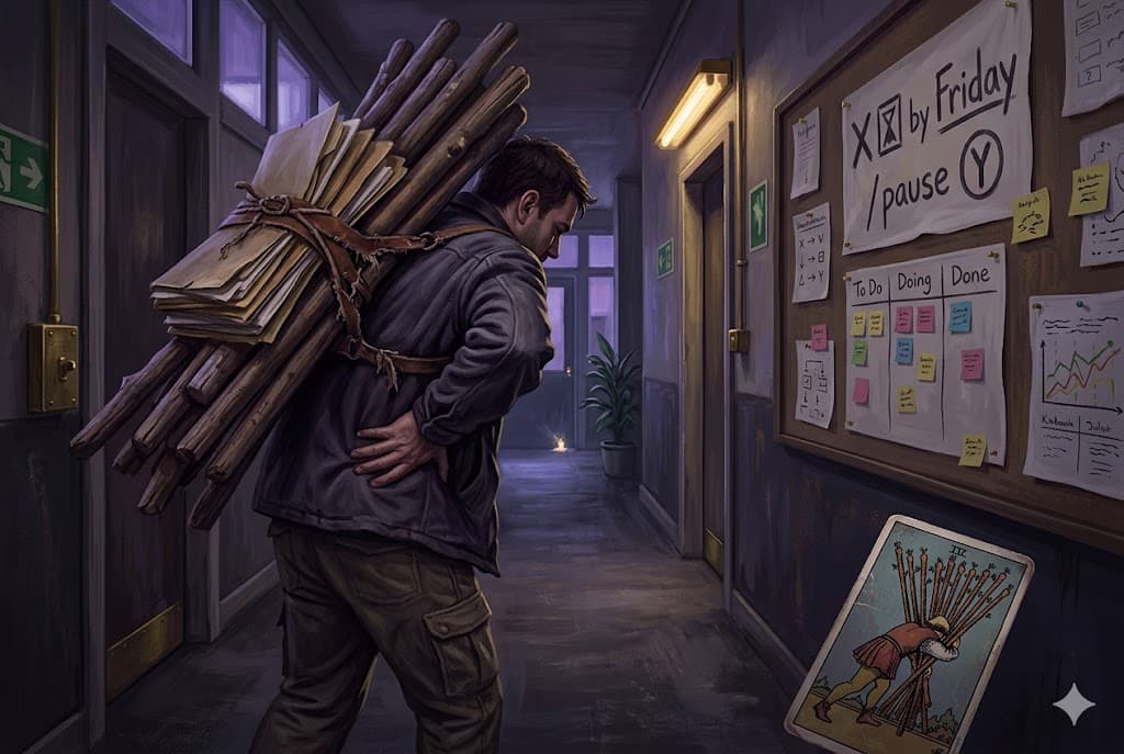 Quit My Job Tarot illustration: a worker carrying an impossible bundle of wands and paperwork down an office hallway, with a tarot card in view.