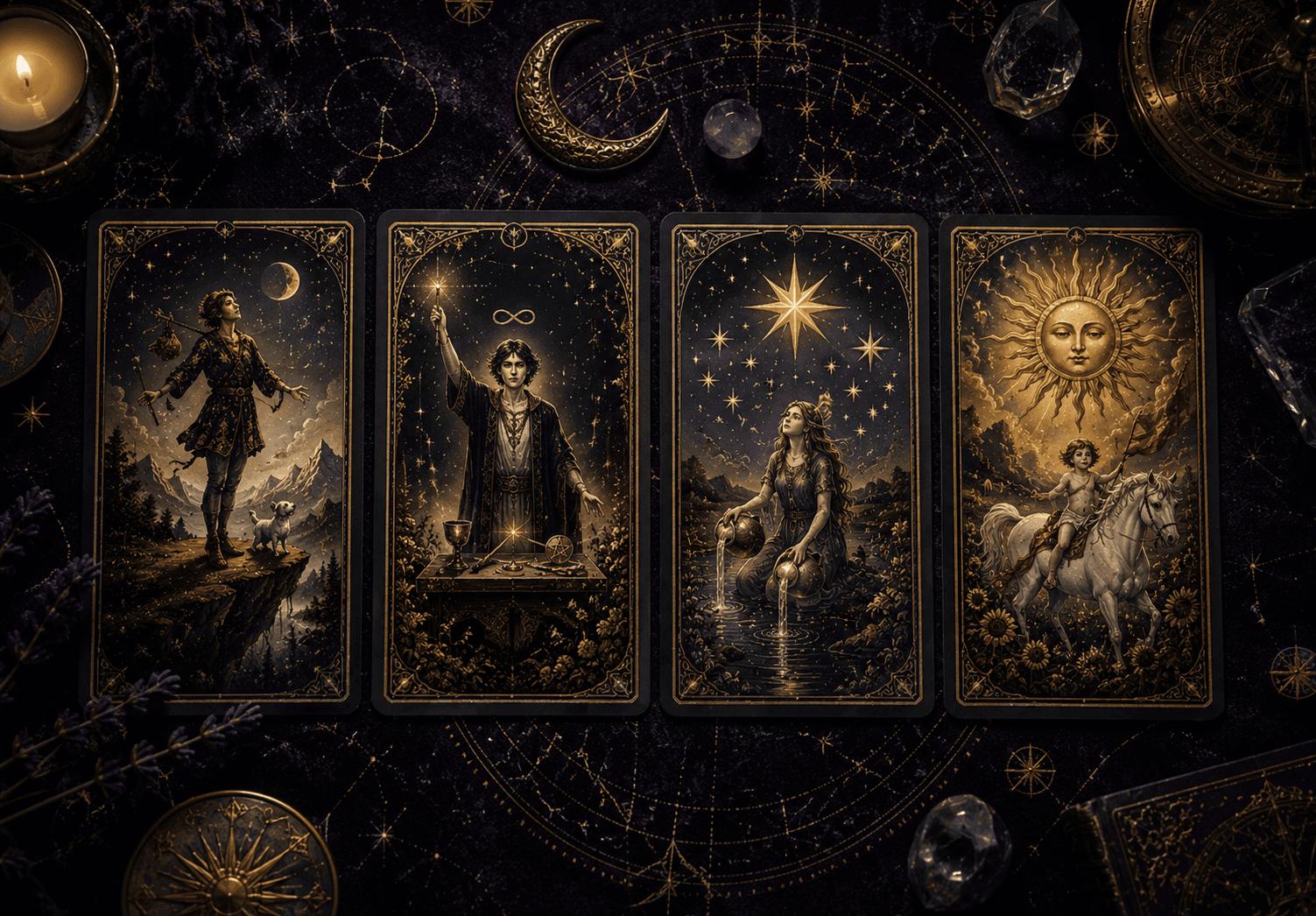 Tarot card meanings library featuring major arcana cards in a mystical dark theme
