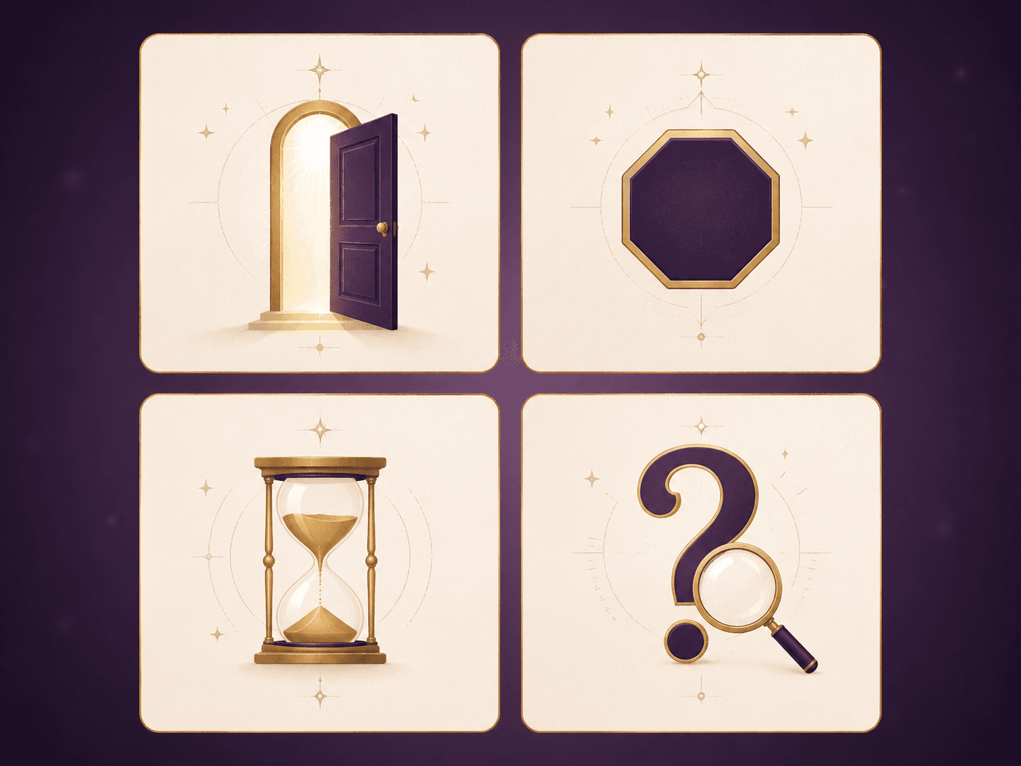 Yes-or-no tarot answer model icons for yes, no, wait, and ask differently.